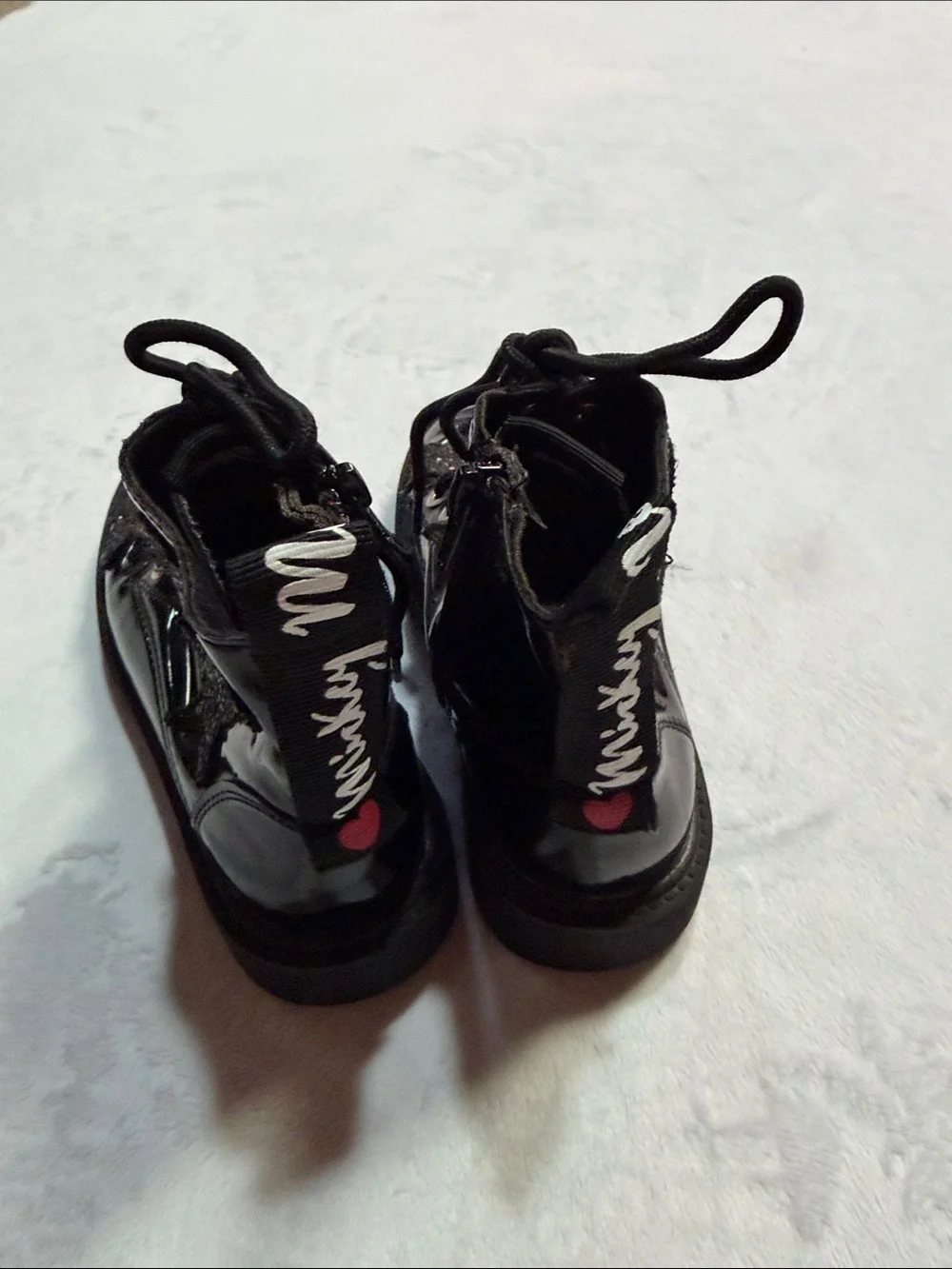 Zara Kids Disney Mickey Mouse Black Patent Combat Boots with Glitter Appliqué